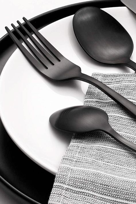 #black #tableware #flatware #hauntedhouse #halloween #macabre #homegoods #silverwear As an Amazon Associate I earn from qualifying purchases Black Matte Plates, Black Utensils Table Setting, Black Dishes Table Setting, Matte Silverware, Goals 2025, Black Silverware, Black Utensils, Silverware Sets, Black Cutlery