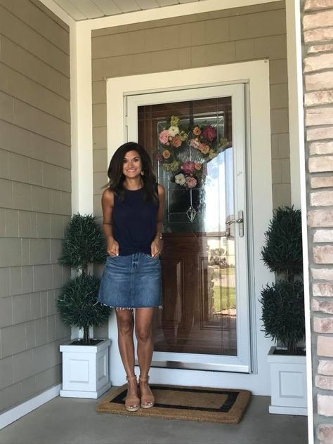 Casual summer look with a tank a denim skirt #justpostedblog #ShopStyle #shopthelook #MyShopStyle #OOTD #LooksChallenge #ContributingEditor #Lifestyle Denim Skirt Outfits Summer, Jean Skirt Outfits Spring, Casual Denim Skirt Outfit, Blue Denim Skirt Outfit, Denim Pencil Skirt Outfit, Blue Jean Skirt Outfits, Denim Skirt Outfit Fall, Jean Skirt Outfits Summer, How To Style A Denim Skirt