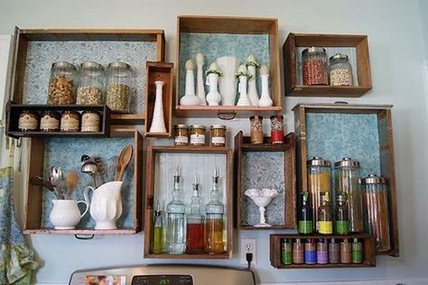 Kitchen shelf idea Drawers Repurposed, Old Dresser Drawers, Repurposed Dresser, Old Drawers, Spring Ideas, Old Dressers, Drawer Shelves, Diy Renovation, Bees Knees