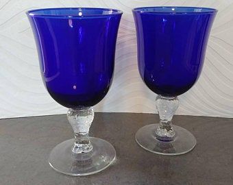 Cobalt blue stemware | Etsy Blue Stemware, Hand Blown Wine Glasses, Wine Glassware, Vintage Champagne Glasses, Vintage Stemware, Blue Wine Glasses, Friends Night, Vintage Wine Glasses, Blue Glassware