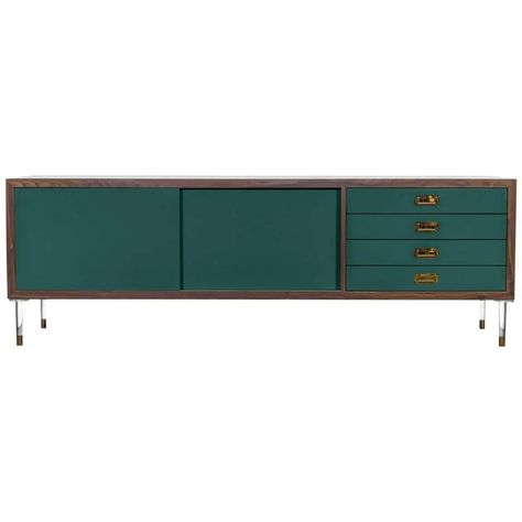 Modern Hunter Green Lacquered Credenza with Brass Trim Brass Pulls and Lucite Legs For Sale at 1stDibs Green Credenza, Green Sideboard, Long Sideboard, Green Lacquer, Relax Lifestyle, Lacquered Sideboard, Two Sliding Doors, Brass Trim, Brass Pulls