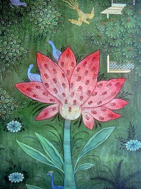 Lotus Flower Painting, Indian Traditional Paintings, Mughal Paintings, Persian Miniature, Pichwai Paintings, Indian Painting, Indian Folk Art, Indian Paintings, Traditional Paintings