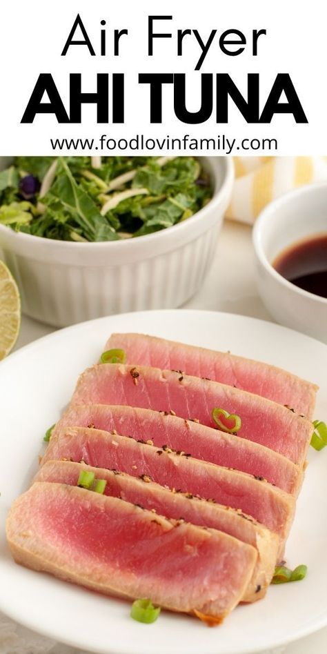 Plate with sliced tuna. Albacore Tuna Steak Recipes, Air Fryer Tuna Steak, Cooking Ahi Tuna, Steak Air Fryer, Air Fryer Tuna, Tuna Steak Recipe, Ahi Tuna Steak, Tuna Steak Recipes, Tuna Steak