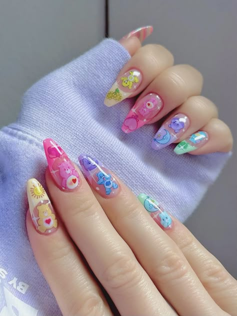 Squishmellow Nails, Carebear Nail Art, Care Bears Nail Art, Care Bears Nails, Round Shape Nails, Kidcore Nails, Care Bear Nails, Nail Structure, Nail Polish Ideas Easy