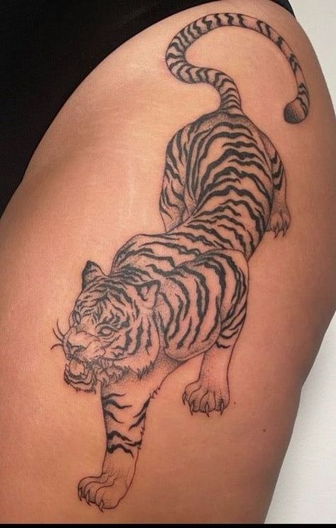 Tiger Thigh Tattoo. Tiger Tattoo Black Women, Tiger Tattoo For Women Hip, Snow Tiger Tattoo, Leopard Hip Tattoo, Tiger Side Tattoo, Tiger Thigh Tattoo For Women, Tiger Tattoo On Thigh, Tiger Hip Tattoo, Black Tiger Tattoo