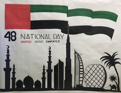 48 UAE National Day 🇦🇪 ( Another Drawing of mine ) Uae National Day Ideas Poster, Uae Drawing Ideas, Uae National Day Drawing, Uae National Day Poster, Uae Flag Day Drawing, Uae Stickers, Uae Heritage, Uae Drawing, Uae Art