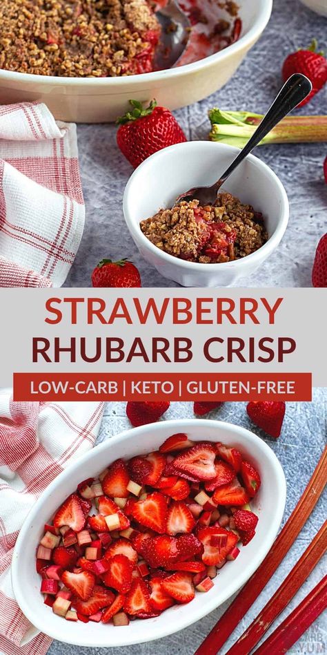 Simple low carb strawberry rhubarb crisp recipe that can be made within minutes. Ingredients can be mixed right in the bowl you're going to eat it out of. Sugar Free Strawberry Rhubarb Crisp, Keto Rubarbe Strawberry Crisp, Keto Strawberry Crumble, Sugar Free Rhubarb Crisp, Keto Strawberry Rhubarb Crisp, Keto Rhubarb Crisp, Keto Strawberry Rhubarb Recipes, Keto Rhubarb Recipes, Sugar Free Rhubarb Recipes