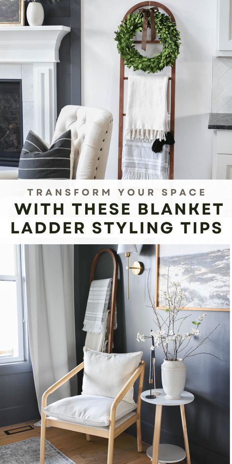 Transform your room with a beautiful and stylish blanket ladder to brighten up your decor. No more blank wall space with this easy hack. Blanket Ladder In Bedroom, Blanket Decor Living Room, Blanket Ladder Ideas, Blanket Ladder Decor, Ladder Blanket, Wooden Blanket Ladder, Modern Farmhouse Ideas, Leaning Ladder, Blanket Ladder