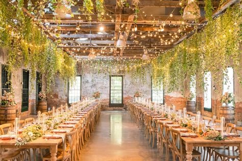 Ceiling Greenery, Greenery Ceiling, Magical Candles, Cellar Wedding, Hanging Ivy, Venue Inspiration, Mt Washington, Chicago Wedding Venues, Wine Barrels