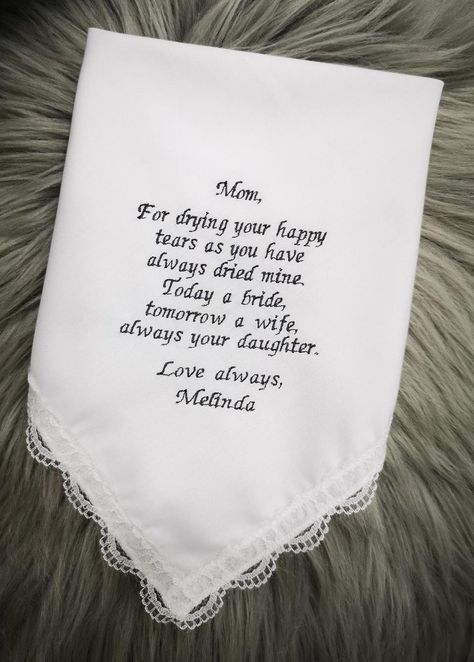 At the moment, your wedding planning list is probably so long it ... Here, the best mother of the bride gifts for that important person in your life. Please choose your preferred Color Text from the drop box menu. What you will get in this purchase:- - 1 x Handkerchief 12 x 12 Inch - 1 x Presentation unique white gift box with matching ribbon, front fold flap provides a secure closure. ( 5 x 4.5 inch) Please leave us a note with the info below when you place your order. Title on handkerchief: Mo Embroidery Hanky, Mother Of The Bride Gifts, Mother Gifts Wedding, Wedding Hankerchief, Wedding Planning List, Personalized Handkerchief Wedding, Planning List, Brides Mom, Wedding Notes