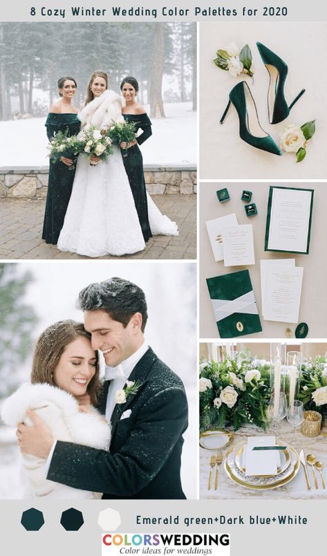 Winter Wedding Color Palette Green, Emerald Winter Wedding, Sunflower Weddings, Bridesmaid Dresses White, Pink And Burgundy Wedding, Greenery Centerpieces, Cozy Winter Wedding, Gold Tableware, Classic Blue Wedding