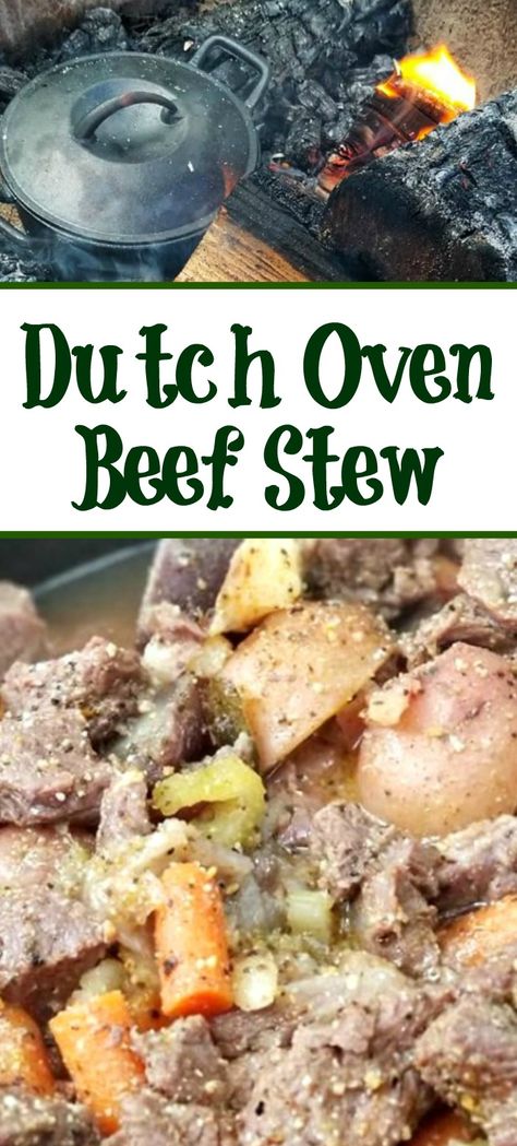 This Dutch Oven Beef Stew Recipe is perfect to make either in the oven or on a campsite! Easy ingredients slow cooking adds amazing flavor and comfort food. #dutchoven #castiron #beefstew Dutch Oven Beef Stew Recipes, Beef Stew Recipe Oven, Dutch Oven Beef Stew, Oven Beef Stew, Dutch Oven Beef, Best Dutch Oven, Dutch Oven Cooking, Dutch Oven Recipes, Beef Stew Meat