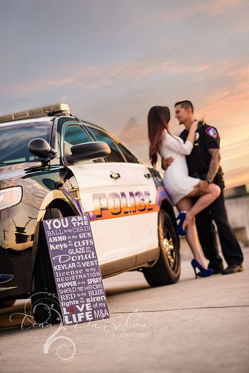 Police theme engagement photos by Tina DaSilva Photography Police Engagement Photos, Theme Engagement Photos, Cop Wedding, Police Wedding, Police Love, Police Wife Life, Police Life, Engagement Photo Poses, Wedding Engagement Photos