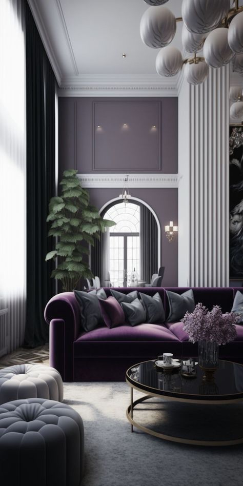 Gray Modern Living Room, Purple And Gray Living Room, Violet Living Room, Loft Style Living Room, Living Room Inspiration Grey, Modern Grey Living Room, Gray Living Room, Bedroom Arrangement, Modern Living Room Interior