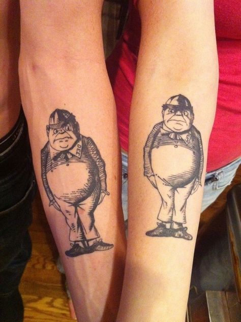 Brother/sister tattoo. Our last name is Tweedle. Dum Tattoos, Tweedle Dee And Tweedle Dum, Pair Tattoos, Alice And Wonderland Tattoos, Twin Tattoos, Brother Sister Tattoo, Tweedle Dum, Saved Tattoo, Sister Tattoo