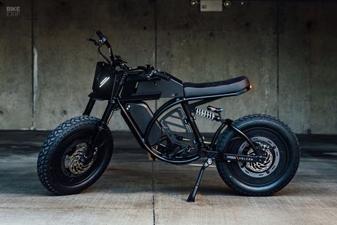 Covert operative: Droog Moto's custom Volcon Brat e-bike | Bike EXIF Singer Vehicle Design, Bike Exif, Suede Fashion, Electric Motorcycle, Vehicle Design, E Bike, Diode, Sports Design, Custom Bikes