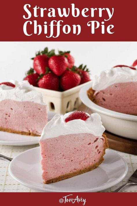 Strawberry Chiffon Pie - Light and Fluffy Strawberry Filling Inside of a Crisp Graham Cracker Crust and Topped with Whipped Cream. Time-Tested Family Recipe from Kelly Jaggers. | ToriAvey.com #chiffonpie #strawberry #strawberrypie #strawberrychiffonpie #grahamcrackercrust #whippedcream #dessert #springrecipe #summerrecipe #pie #fromscratch #dairy #shavuot #memorialday #4thofjuly #laborday #potluck #TorisKitchen Strawberry Chiffon Pie Southern Living, Fluffy Strawberry Pie, Strawberry Chiffon Pie, Strawberries And Cream Pie, Strawberry Pie With Jello, Strawberry Icebox Pie, Strawberry Cream Pie Recipe, Pie With Whipped Cream, Strawberry Chiffon