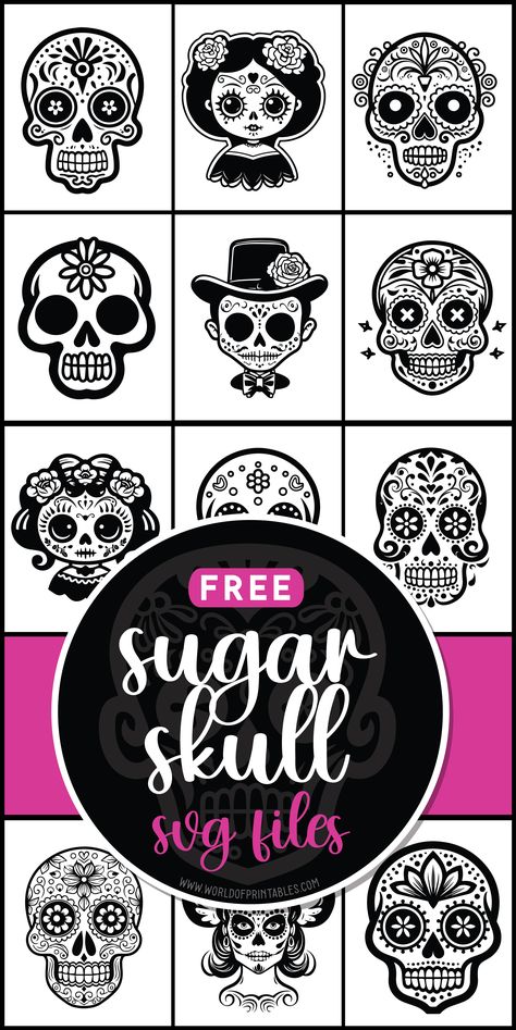 Spice up your creations with free sugar skull SVGs! Add a touch of edgy and vibrant flair to your projects with these cool and quirky designs. 🌺💀 Skull Svg Cricut, Free Sugar Skull Svg Files For Cricut, Sugar Skull Printable Free, Free Skull Svg Files For Cricut, Skull Svg Free, Sugar Skull Stencil, Halloween Svg Free, Svg Designs Free, Halloween Fonts Alphabet