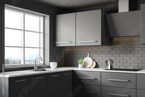 Stock Image: Dark grey kitchen corner with countertops Black Splashback, Counter Top Decor, Charcoal Kitchen, Dark Grey Kitchen Cabinets, Kitchen Cabinet Organization Ideas, Dark Grey Kitchen, Kitchen Hoods, Kitchen Corner, Grey Kitchen Cabinets