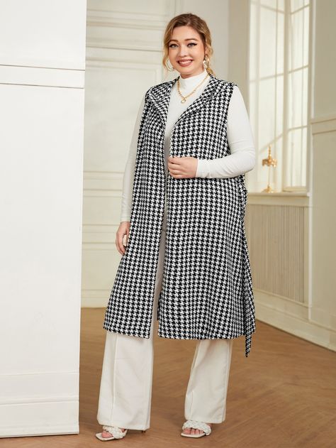 Black and White Casual  Sleeveless Tweed Houndstooth Wrap Embellished Non-Stretch Fall/Winter Plus Size Outerwears Sleeveless Coat Outfit, Outfit Tutorial, Tweed Outfit, Winter Plus Size, Tweed Vest, Sleeveless Coat, Plus Size Suits, Women Overcoat, Plus Size Coats