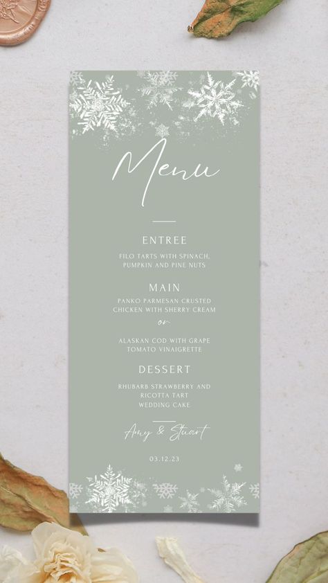 Sage Green, Snowflake Menu, Winter Wedding Template. Fully editable in Canva! 3.75 x 9 inches. you can change the colour theme, fonts, wording and elements and get instant access with no expiration date.

After you make the purchase, you should receive an email with a PDF that includes your template link. Sage Green Winter Wedding, Green Wedding Winter, Snowflake Wedding, Sage Green Wedding, Wedding Winter, Grape Tomatoes, Wedding Menu, Wedding Templates, Menu Design