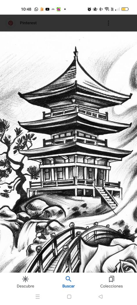 Japanese Tower Tattoo Design, Japanese Temple And Samurai Tattoo, Dojo Tattoo Design, Samurai Temple Tattoo, Japanese Shrine Tattoo, Chinese House Tattoo, Japanese Tower Tattoo, Temple Tattoo Design, April Tattoos