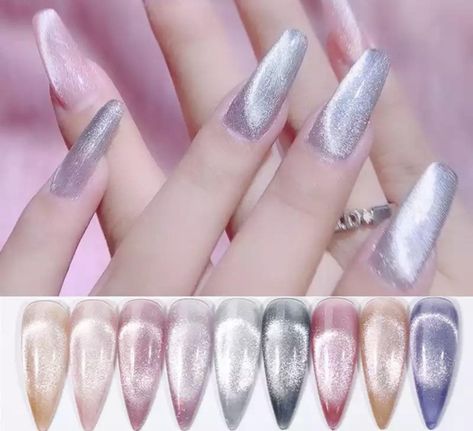 Silver Nail Art Designs, Silver Cat Eye, Magnetic Nail Polish, Silver Nail Art, Aurora Nails, Long Stiletto Nails, Eye Nail Art, Cat Eye Gel Polish, Asian Nails