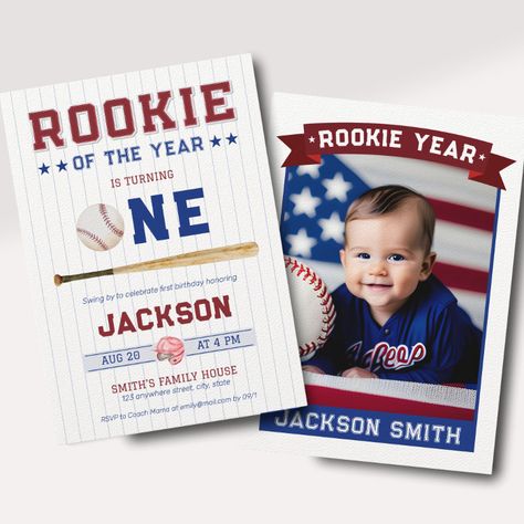 Rookie Year First Birthday, 1st Birthday Baseball, Baseball Birthday Party Invitations, Baseball Invitations, Sports Birthday Invitations, Bat Ball, Birthday Watercolor, Baseball Birthday Party, 1st Birthday Party Invitations