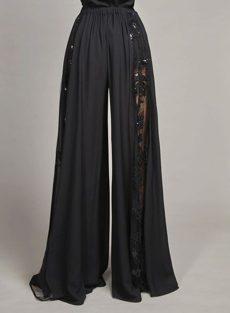 Elphaba Aesthetic, Fancy Pants Outfit, Airy Styles, Wide Leg Pants Pattern, Embroidered Pants, Silk Pants, Silk Crepe, Elie Saab, Palazzo Pants