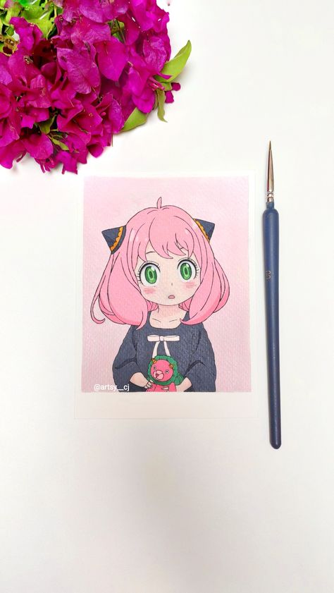 Anya Painting, Simple Anime Painting, Kawaii Painting, Diy Sketch, Painting Strokes, Cute Easy Paintings, Anime Painting, Simple Anime, Korean Painting