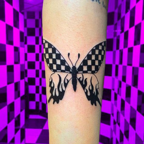 Checkerboard Tattoo, Checkered Tattoo, Colorful Butterfly Tattoo, Butterfly Tattoo Ideas, Small Butterfly Tattoo, Warm Color Schemes, Trippy Designs, Poke Tattoo, Red Ink