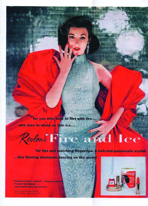 Revlon's Fire & Ice Campaign In 1952 Was The First Ad To Acknowledge Women Wear Makeup For Themselves Revlon Fire And Ice, Vintage Makeup Ads, Hair And Nail Salon, Ice Girls, Vintage Hollywood Glamour, Fifties Fashion, Black Tulips, Glamour Magazine, Gibson Girl