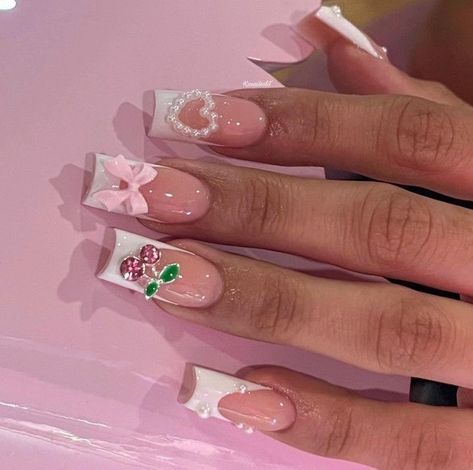 Spring Nails With Charms, 0.5 Nail Pics, Sanrio Acrylic Nails, Latina Nail Designs Pink, Nail Inspo French Tip, Nail Inspo French, Swift Nails, Nail Options, Adorable Nails