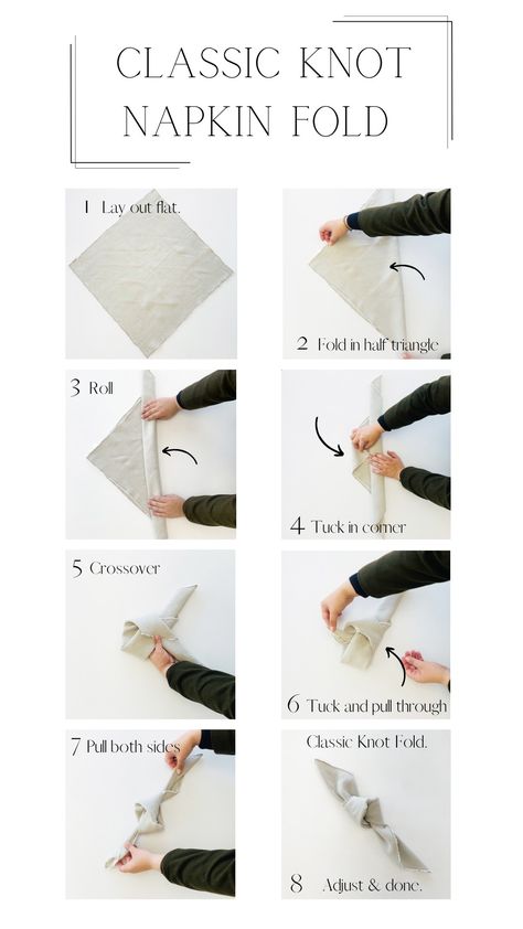 Wedding Table Napkins Ideas, Casual Napkin Folding Ideas, Folding Square Napkins, How To Knot Napkin, Napkin Folding Knot, Tied Napkins Wedding, Wedding Folded Napkins, Knot Napkin Fold Wedding How To, Ways To Fold Wedding Napkins