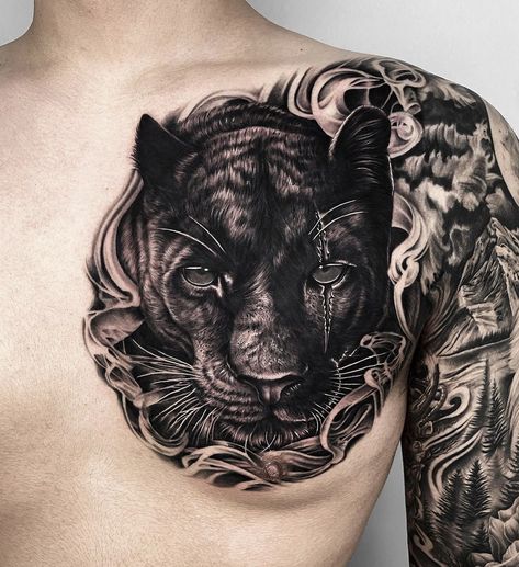 Black Panther Realistic Tattoo, Panther Tattoo Chest, Chest Animal Tattoo, Coverup Chest Tattoo, Animal Chest Tattoo Men, Black Panther Tattoo Men, Panther Hand Tattoo, Panther Tattoo Men, Jaguar Chest Tattoo