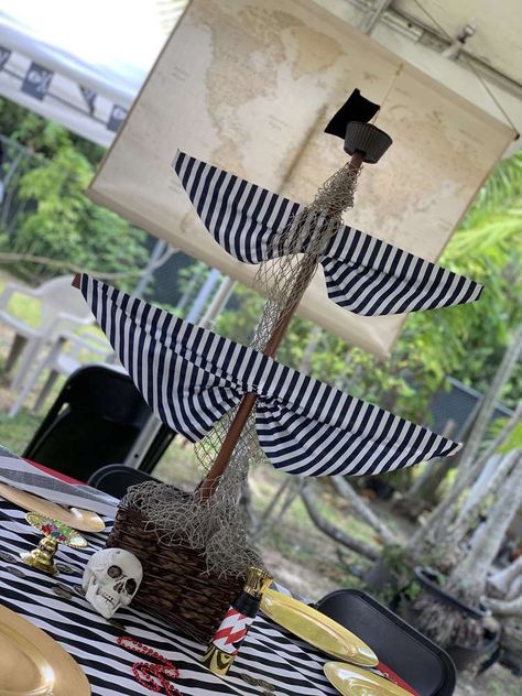 Pirate Birthday Party Backdrop, Pirate Birthday Party Centerpieces, Pirate Theme Centerpieces, Pirate Diy Decor, Pirate Party Theme Adults, Pirate Centerpiece Ideas, Pirate Table Decorations, Pirate Party Centerpieces, Pirate Bingo