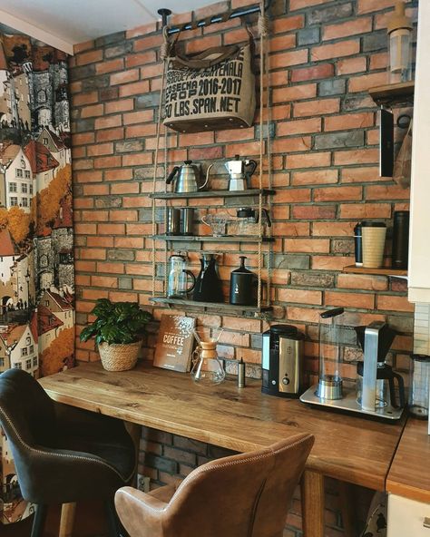 Coffee Bar Ideas Brick Wall, Coffee Bar Brick Wall, Kitchen Oak, Coffee Shelf, Leather Barstools, Hanging Rope Shelves, Coffee Counter, Rope Shelf, Coffee Making