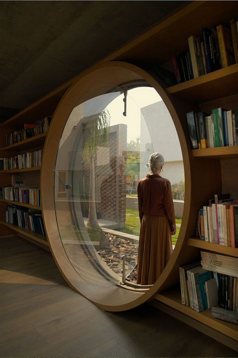 opposite circular openings offer visual connection through 'casa UC' in mexico Round Window, Masonry Wall, Brick Architecture, Concrete House, Pilates Studio, Polished Concrete, Brickwork, Interior Walls, Interior Spaces