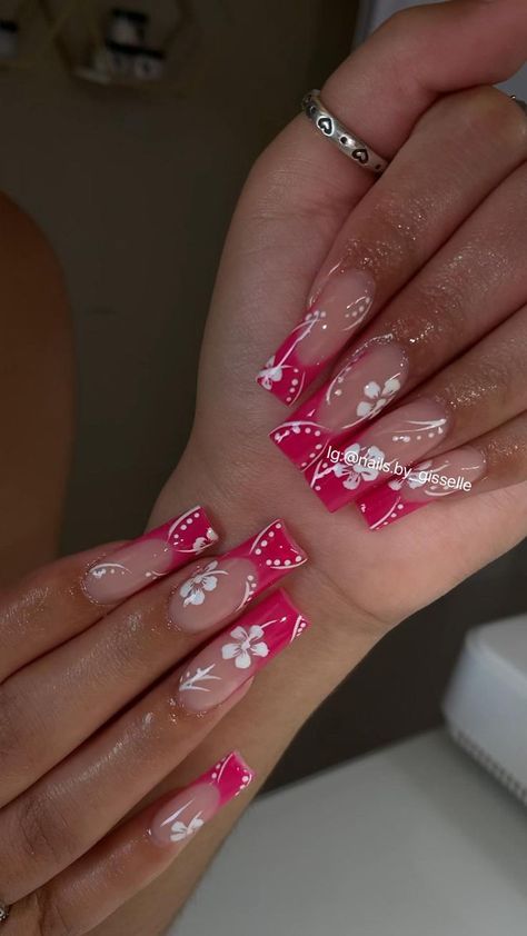 2000s Flower Nails, Red Hawaiian Nails, Mothers Day Nails Acrylic, Pink Hawaiian Nails, Hawaiian Acrylic Nails, Hawaiian Nails Acrylic, Red Nail Ideas Summer, Red Butterfly Nails, Dope Nail Designs Summer