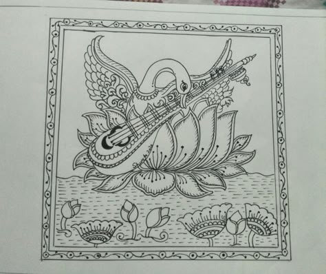 The drawing of the Swan holding the Veena by our student is mesmerizing! Swan Madhubani Painting, Saraswati Goddess Paintings Easy, Saraswati Drawing Easy, Veena Drawing, Swans Drawing, Saraswati Drawing, Saraswati Pooja, Sketch Mandala, Swan Drawing