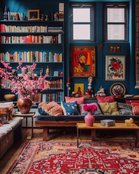 Maximalist Library Room, Maximalist Office Space, Dream House Living Room, Apartment Makeover, Eclectic Living Room, Eclectic Interior, Home Library, Eclectic Home, Dream House Decor