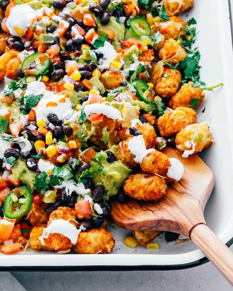 Totchos Tater Tots, Totchos Recipe, Tot Nachos, Tater Tot Nachos, Tater Tot Recipes, Vegan Nachos Cheese, Potato Tots, A Couple Cooks, Loaded Sweet Potato