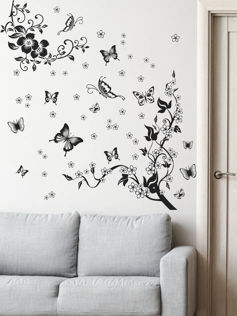 Black  Collar  PVC Animal Wall Stickers Embellished   Home Decor Butterfly Room, Adhesive Wall Art, Vine Wall, Wall Decor Decals, Wall Paint Designs, Butterfly Wall Stickers, Pattern Wall, Wall Decal Sticker, Decal Wall Art