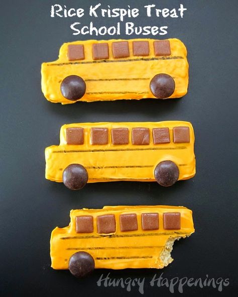 Rice Krispie Treat School Buses | HungryHappenings.com Bus Cookies, After School Treats, Back To School Treats, School Bus Party, School Cupcakes, Bus Party, Bus Driver Appreciation, Teacher Party, Themed Treats