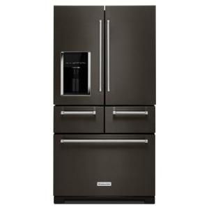 KitchenAid 25.8 cu. ft. French Door Refrigerator in Black Stainless with Platinum Interior KRMF706EBS at The Home Depot - Mobile Grocery Organization, Black Stainless Steel Appliances, Black Stainless Steel Kitchen, Herb Storage, Kitchen Suite, Black Interior Design, Outdoor Kitchen Appliances, Stainless Steel Appliances, French Door