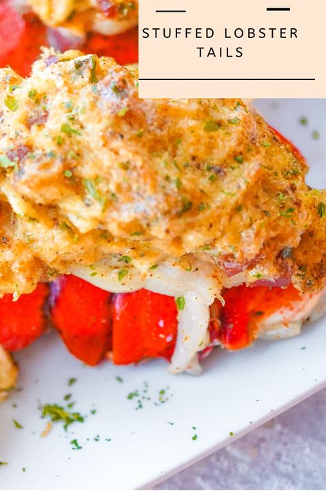 Crab Stuff Lobster Tail, Stuff Lobster Tail Recipes, Stuff Lobster Tail With Crab Meat, Stuffed Lobster Tail Recipe Baked, Baked Stuffed Lobster Tails, Crab Stuffed Lobster Tail, What To Serve With Lobster Tails, Stuffed Lobster Tail Recipe, Lobster Appetizer Recipes