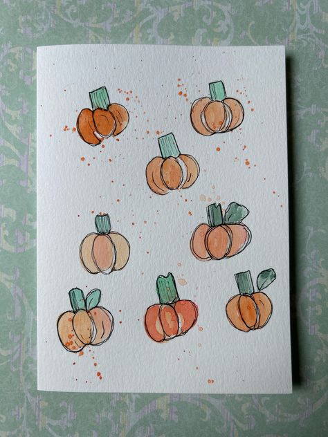 Watercolor Pumpkin Card, Hand Painted Pumpkin Card, Homemade Pumpkin Card  This Greeting Card is One of a Kind.  Hand painted by me...no prints :)  Details Includes Envelope  Size 5"" x 6 *7/8"  Card is blank on the inside for your personal message, initials on front, HollBellArt on back  Thank you for visiting my shop and supporting my art! Diy Fall Cards Handmade, Thanksgiving Watercolor Cards, Fall Watercolor Cards, Autumn Cards Handmade, Card Homemade, Fall Cards Handmade, Hand Painted Pumpkin, Watercolor Pumpkin, Painted Pumpkin