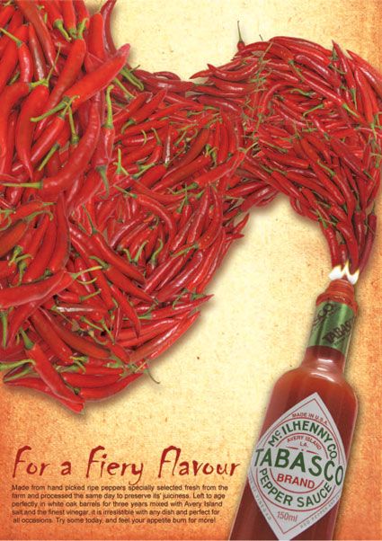 BibiYanNi - Design World: Weekly Task 6 - Hot Sauce Advertising Heinz Advertising, Sauce Advertising, Typography Composition, Tabasco Hot Sauce, Funny Advertising, Louisiana Cajun, Advertising Logo, Menu Flyer, Advertisement Design