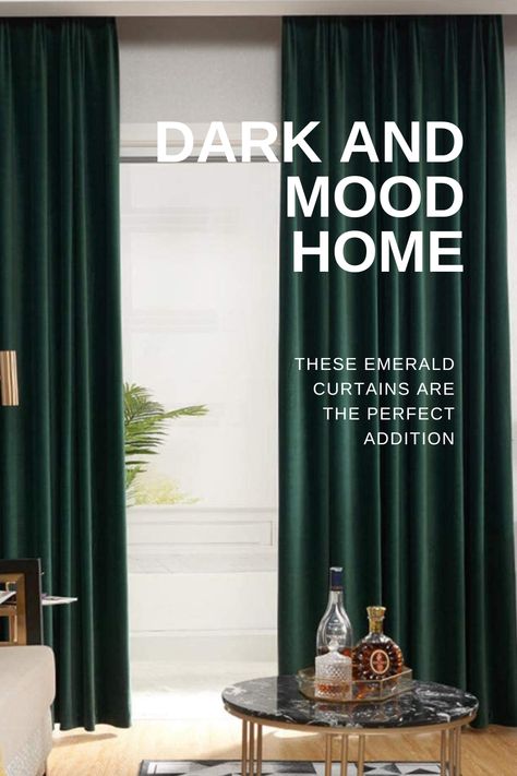 These emerald green curtains are the perfect addition to any dark moody interior. Dark Green Curtains, Emerald Green Curtains, Emerald Curtains, Dining Room Drapes, Dark And Moody Interiors, Moody Home, Blackout Curtains Bedroom, Green Dining Room, Green Luxury