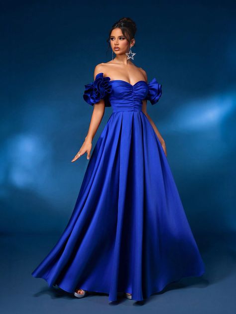 Glamrae Exquisite Elegant Burgundy Off Shoulder Neckline Flare Sleeve With Ruffle Trim A-Line Long Formal GownI discovered amazing products on SHEIN.com, come check them out! Gown Royal Blue, Royal Blue Party, Off Shoulder Neckline, Burgundy Gown, Fancy Clothes, Long Formal Gowns, Off Shoulder Gown, Evening Gowns Elegant, Blue Party